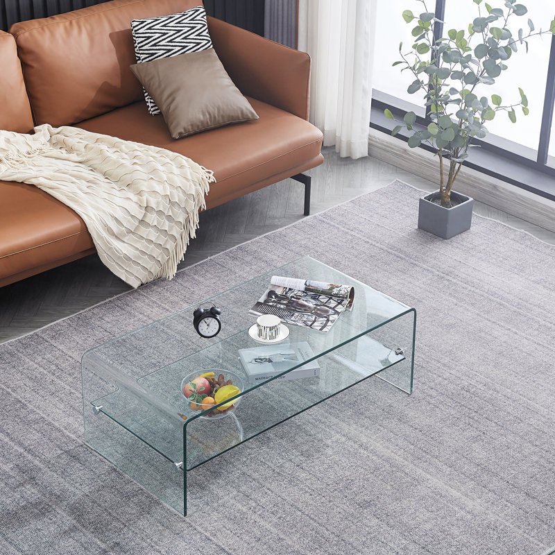 Tempered Clear Glass Sled Coffee Table with Storage for Living Room Charise